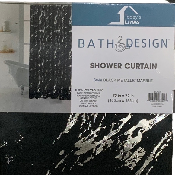 Today’s Living Black Marble Metallic Silver Fabric Shower Curtain  72 in X 72 in - Picture 3 of 16